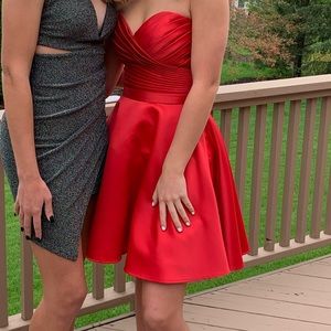 strapless Morilee Madeline Gardner red satin sweetheart party dress